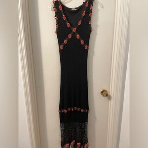 Y2K Crochet w/Roses, Beading, Long Black Dress & matching crocheted Cardigan